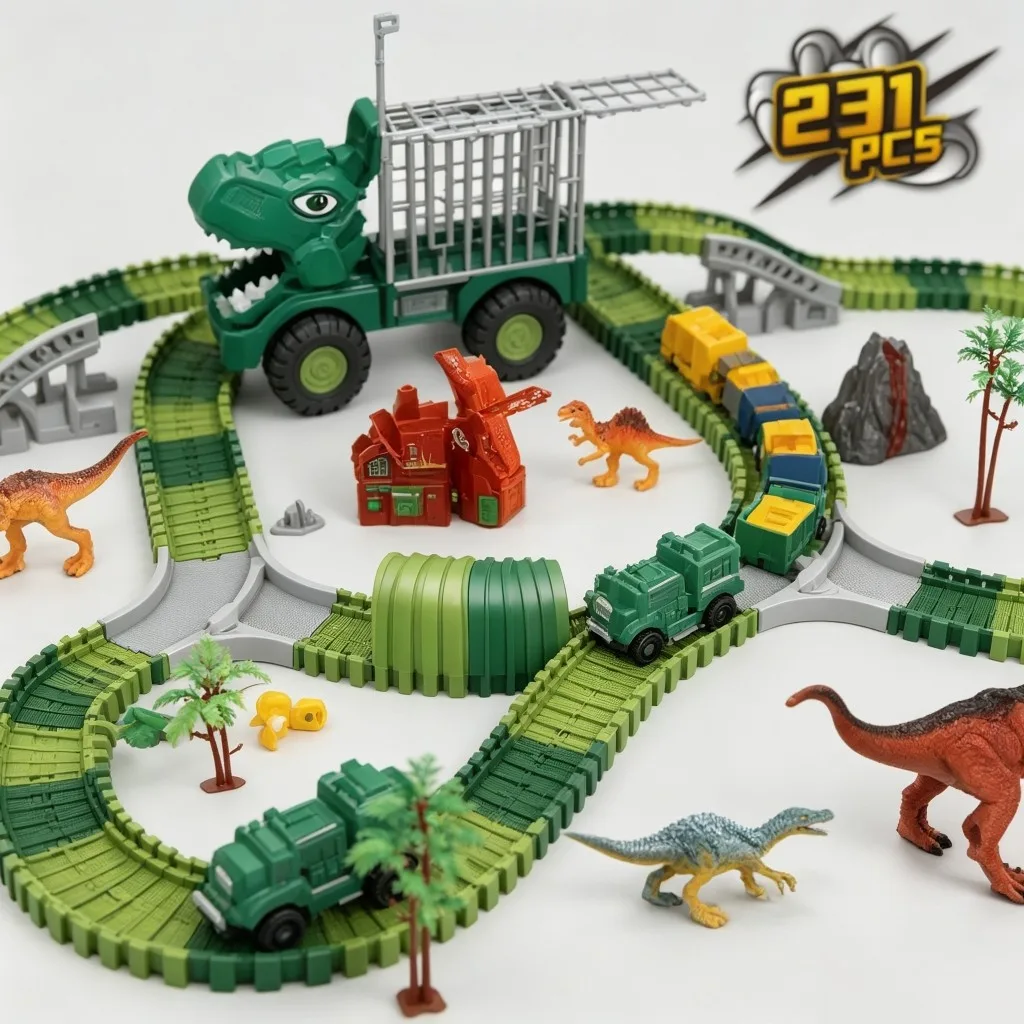 Dinosaur Track Storage Engineering Vehicle with 231pcs Electric Train 3